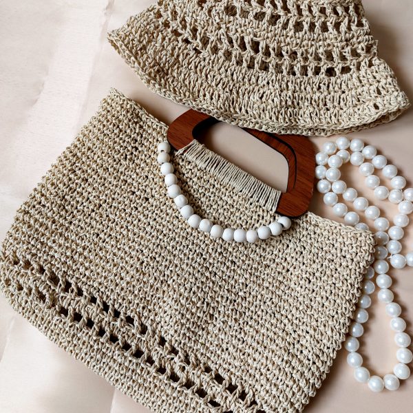 InShot_20260529_135847508 ست کلاه و کیف دستبافت لوتوس نخ رافیا | اکسسوری بهاره تابستانه مزون صبا فرشباف بنام